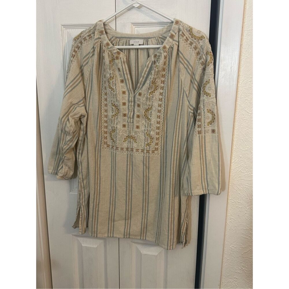 Pure Jill Women's Embroidered Floral Striped Tunic Shirt Khaki Size Large